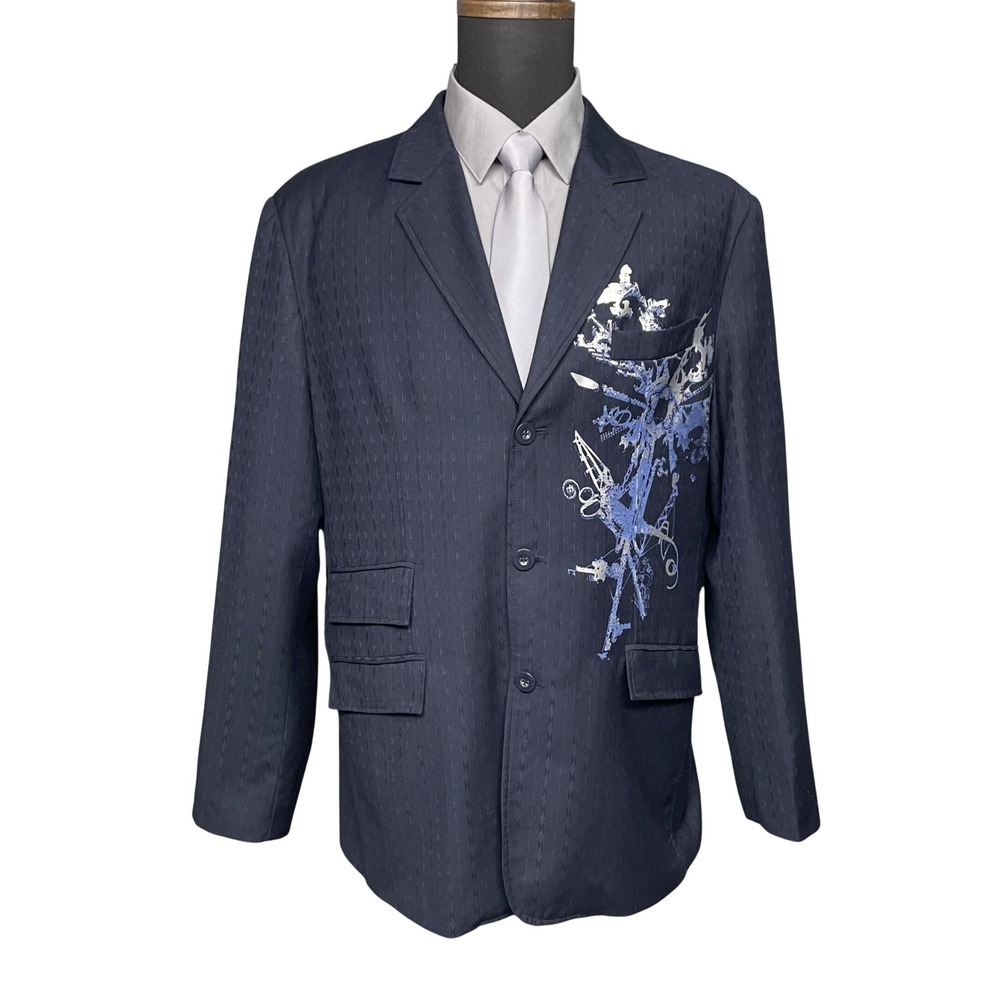 Metafuori Blazer Mens 2XL Navy Blue Graphic Print Cyber Y2K Streetwear Clubwear